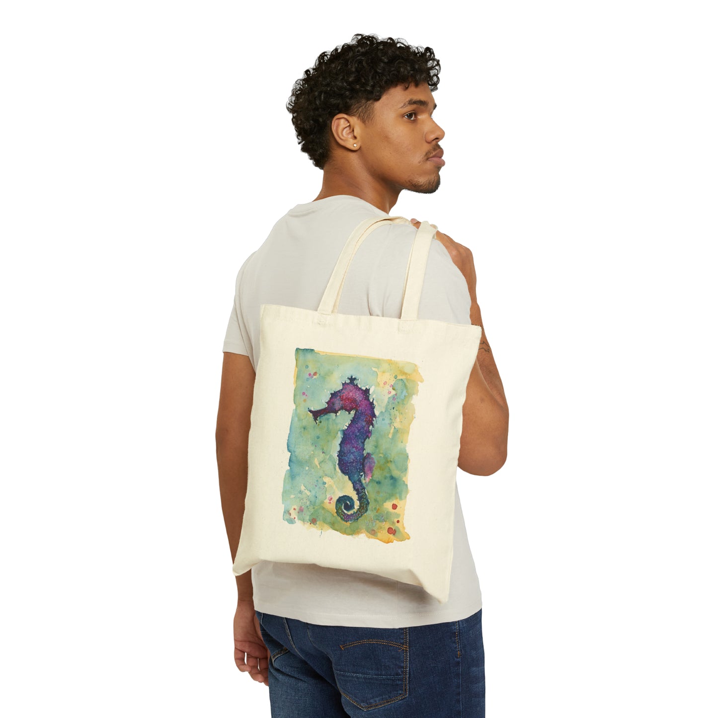 Sea Horse - Cotton Canvas Tote Bag - Painted by Lora Cavallin - Watercolor Art