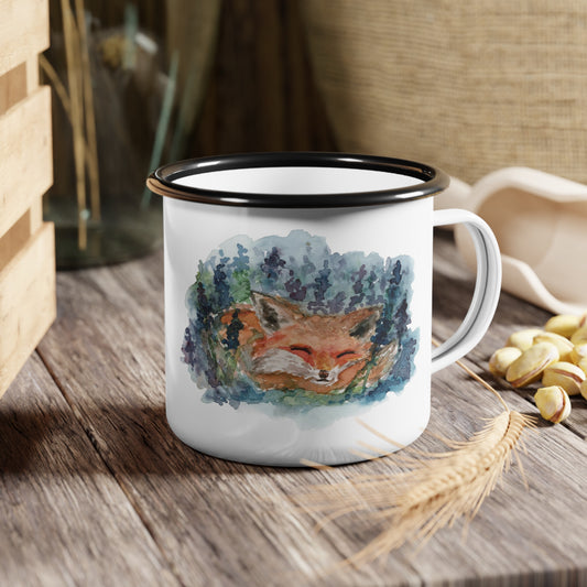 Sleeping Fox Enamel Camp Cup By Lora Cavallin - Dishwasher Safe