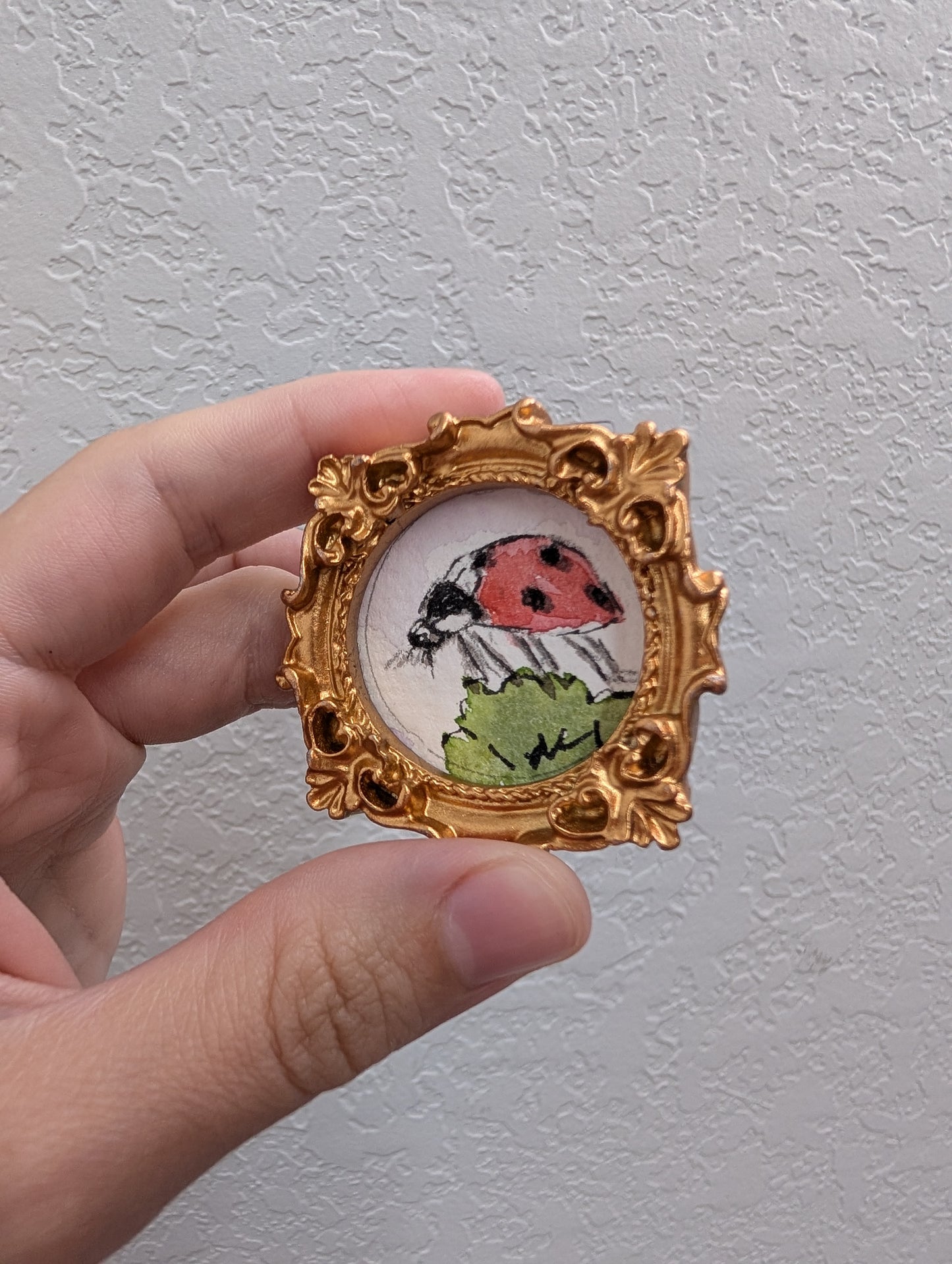 a picture of a ladybug in a gold frame