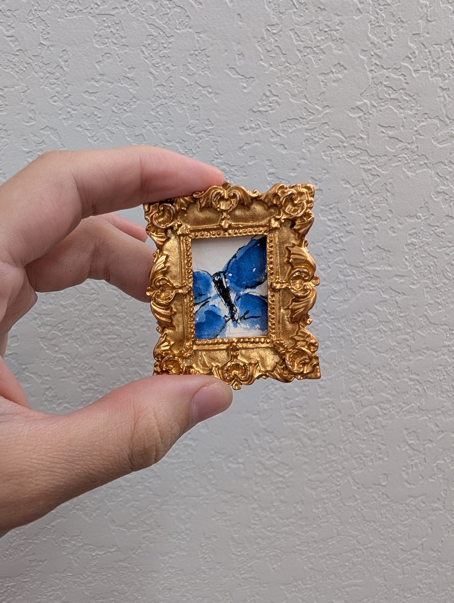 a hand holding a small picture frame with a blue butterfly on it