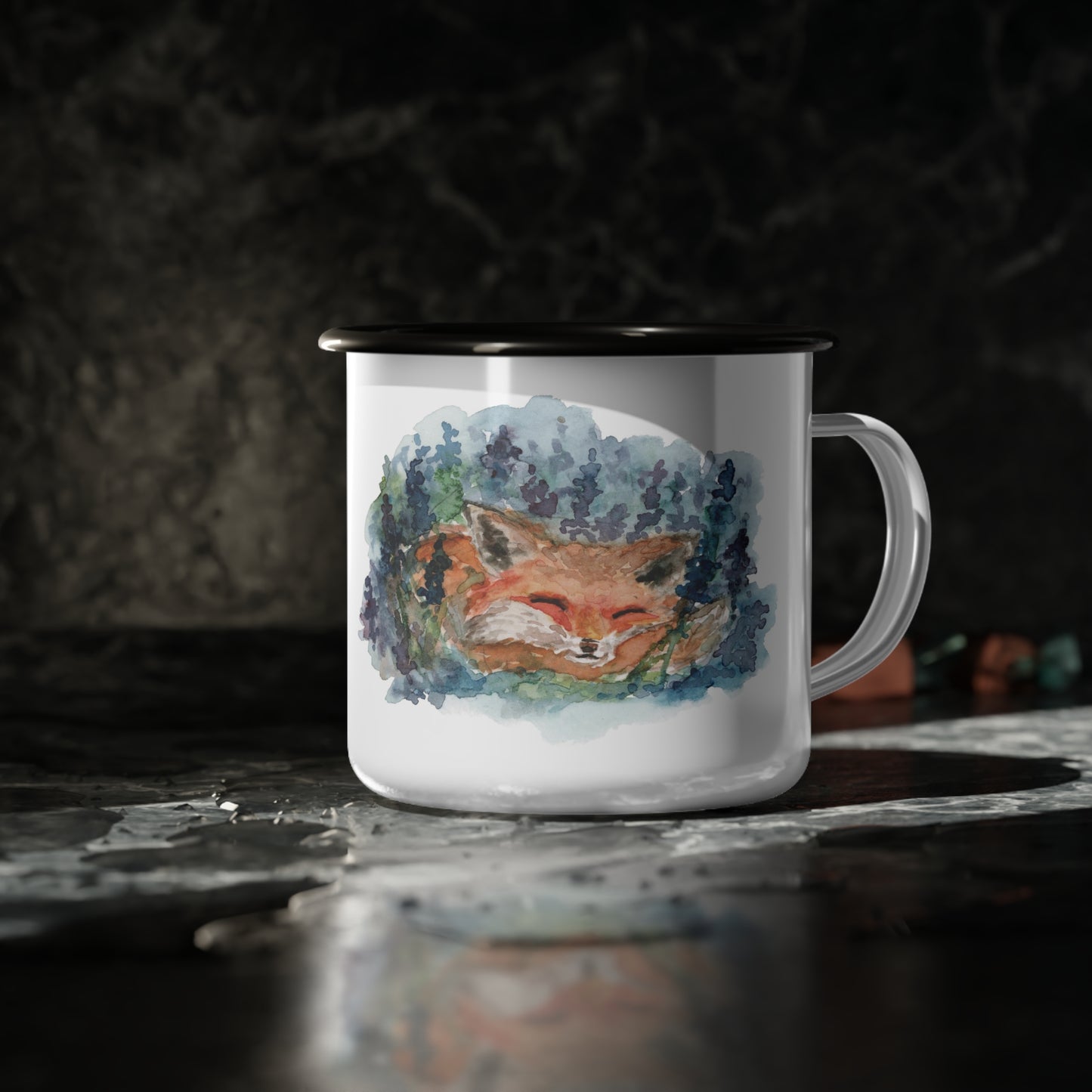 Sleeping Fox Enamel Camp Cup By Lora Cavallin - Dishwasher Safe