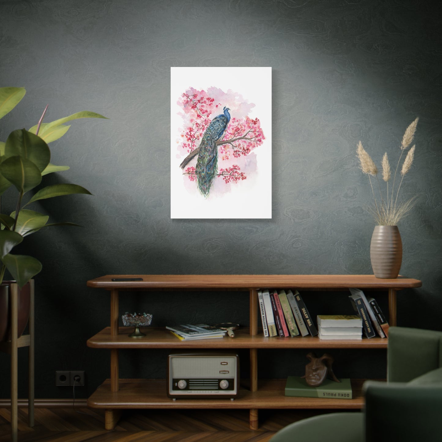 Peacock facing Right - Stretched Canvas by Lora Cavallin