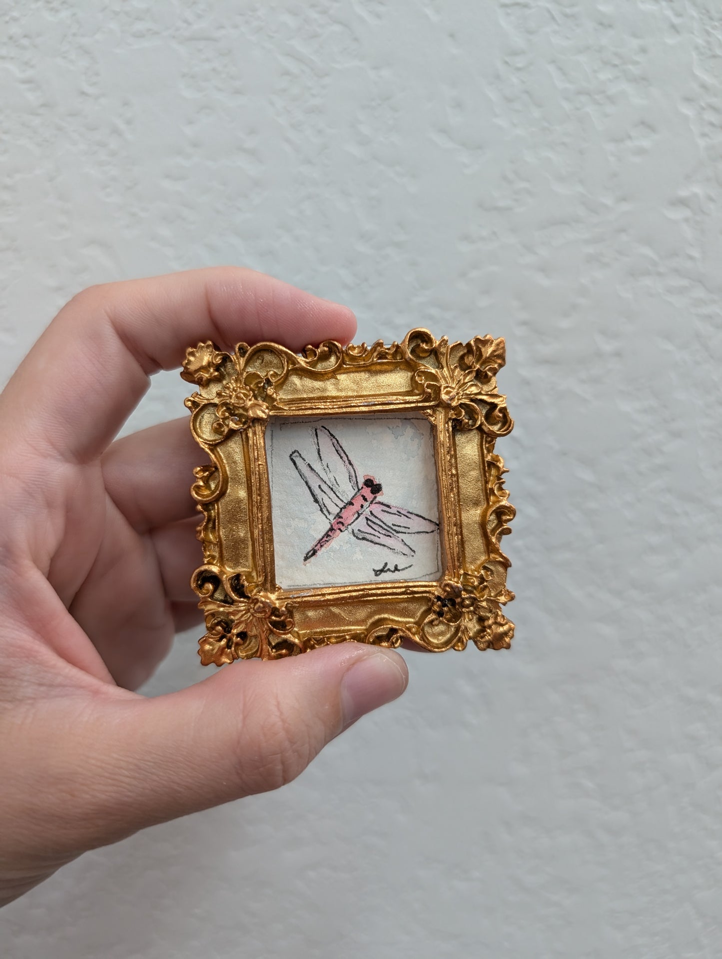 a hand holding a miniature picture of a dragonfly