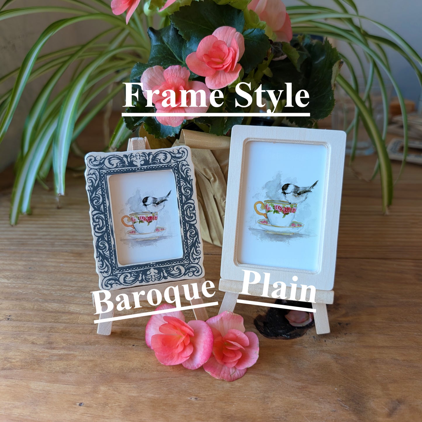 a picture frame sitting on top of a wooden table