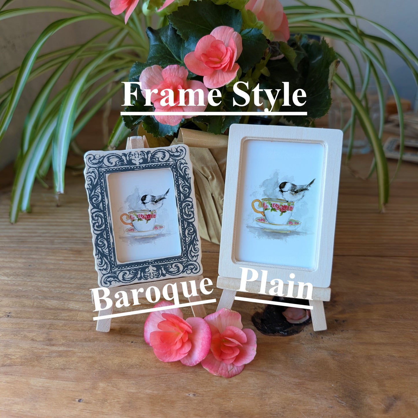 a picture frame sitting on top of a wooden table