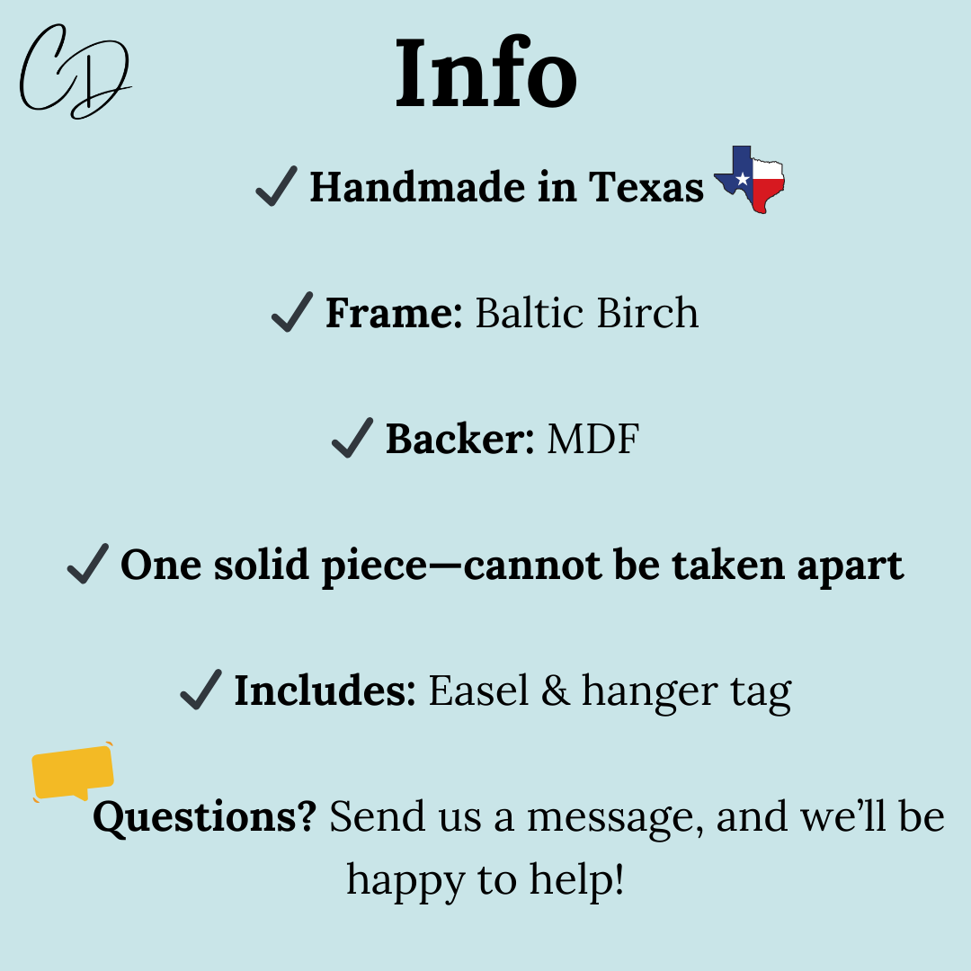 a blue background with the words info, handmade in texas, frame baltic birch