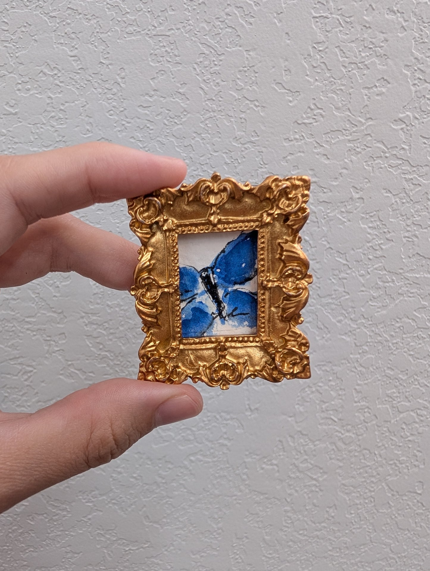 a hand holding a small picture frame with a blue butterfly on it