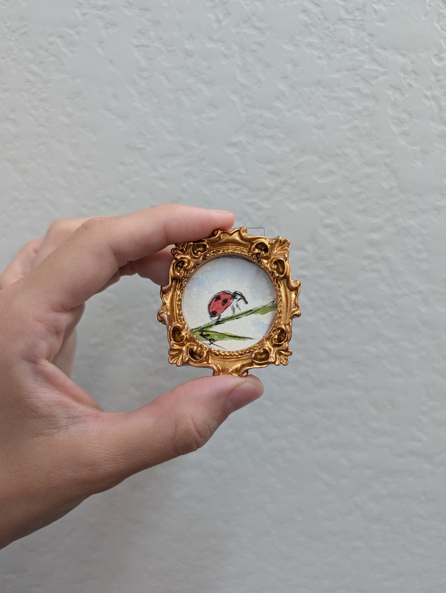 a hand holding a small picture frame with a ladybug on it