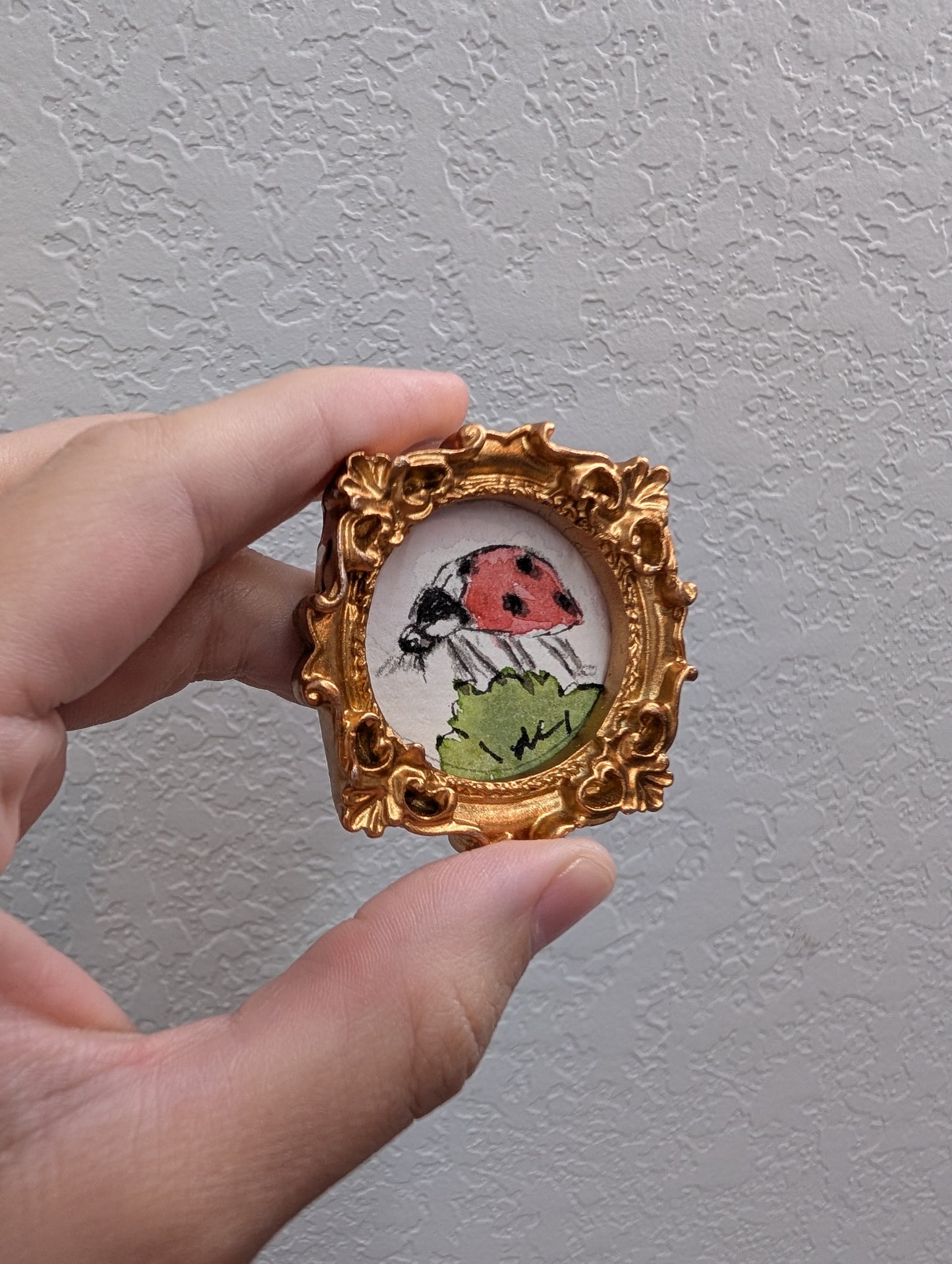 a hand holding a small picture frame with a ladybug on it