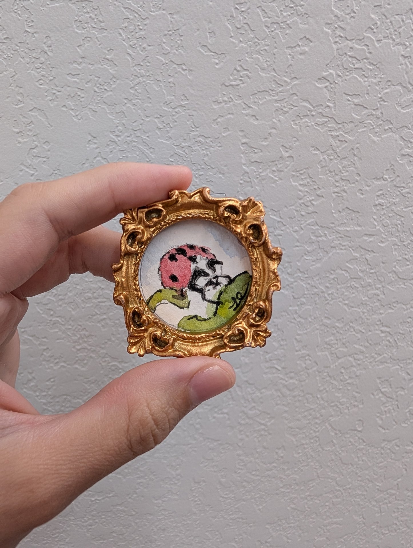 a hand holding a picture frame with a picture of a ladybug on it