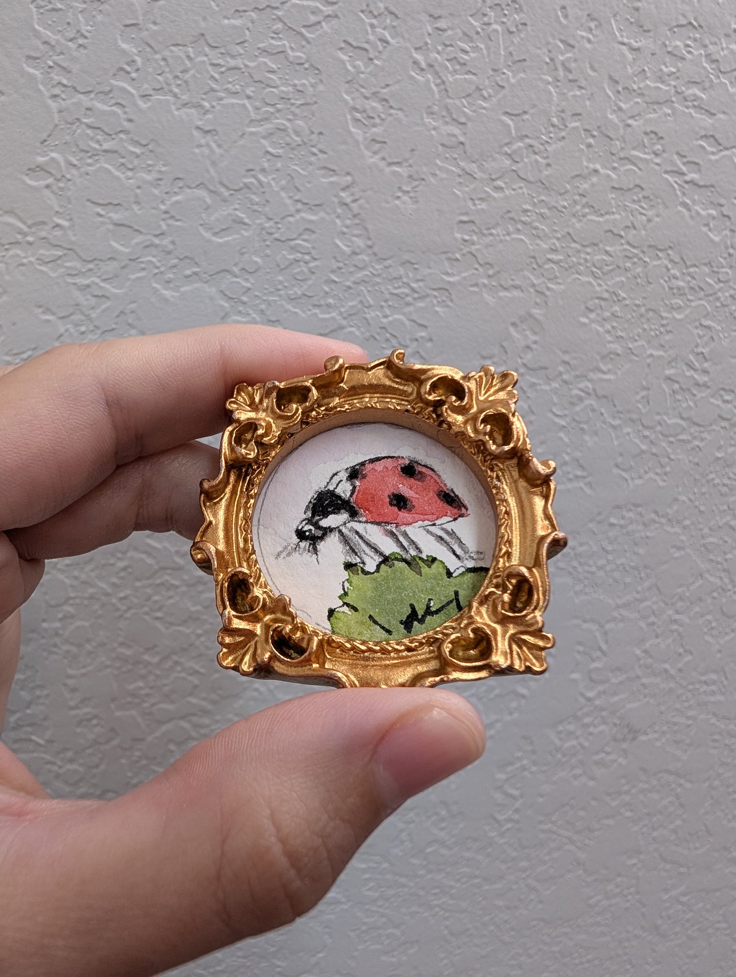 a hand holding a miniature picture frame with a ladybug on it