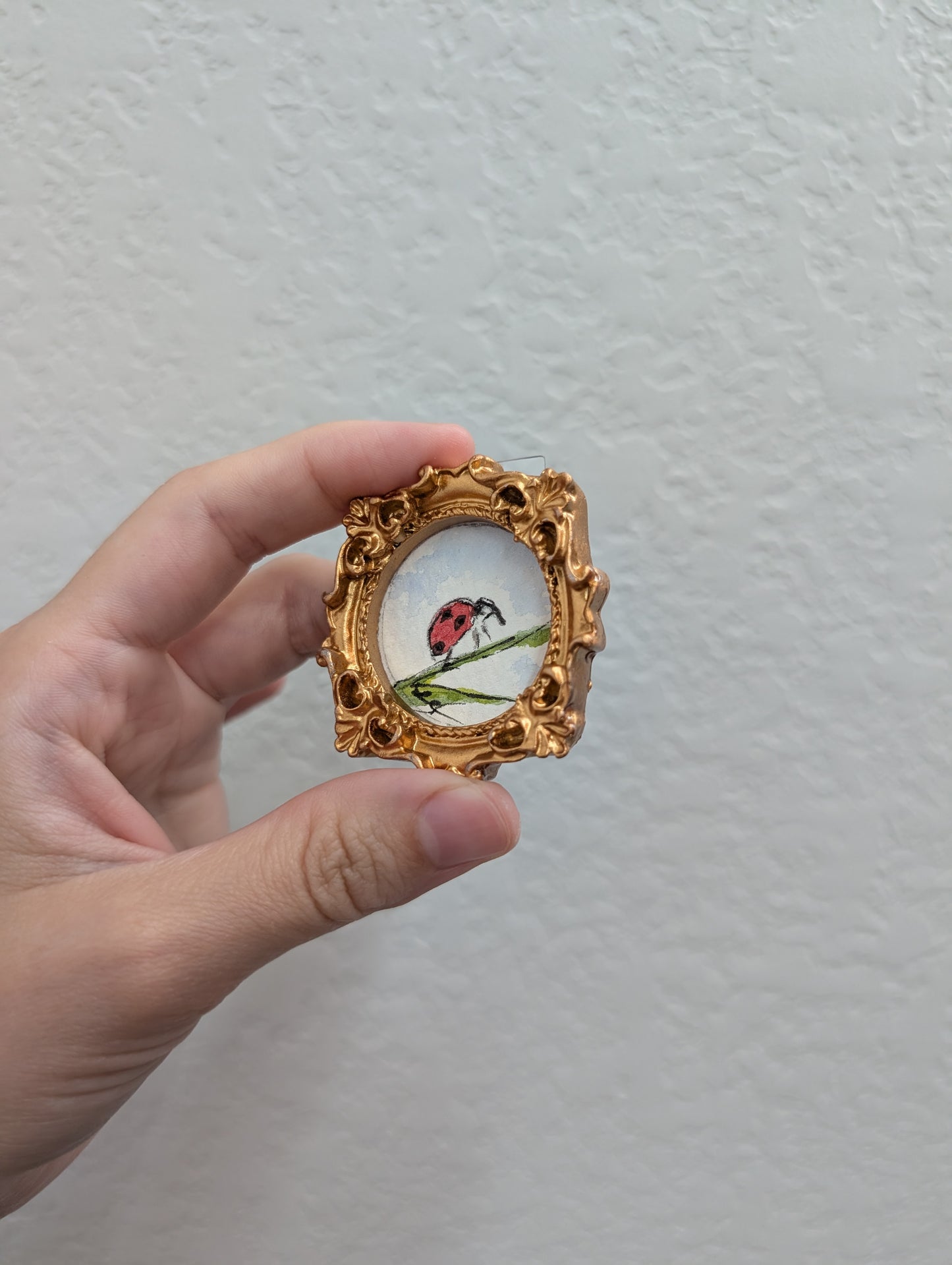 a hand holding a small picture frame with a ladybug on it