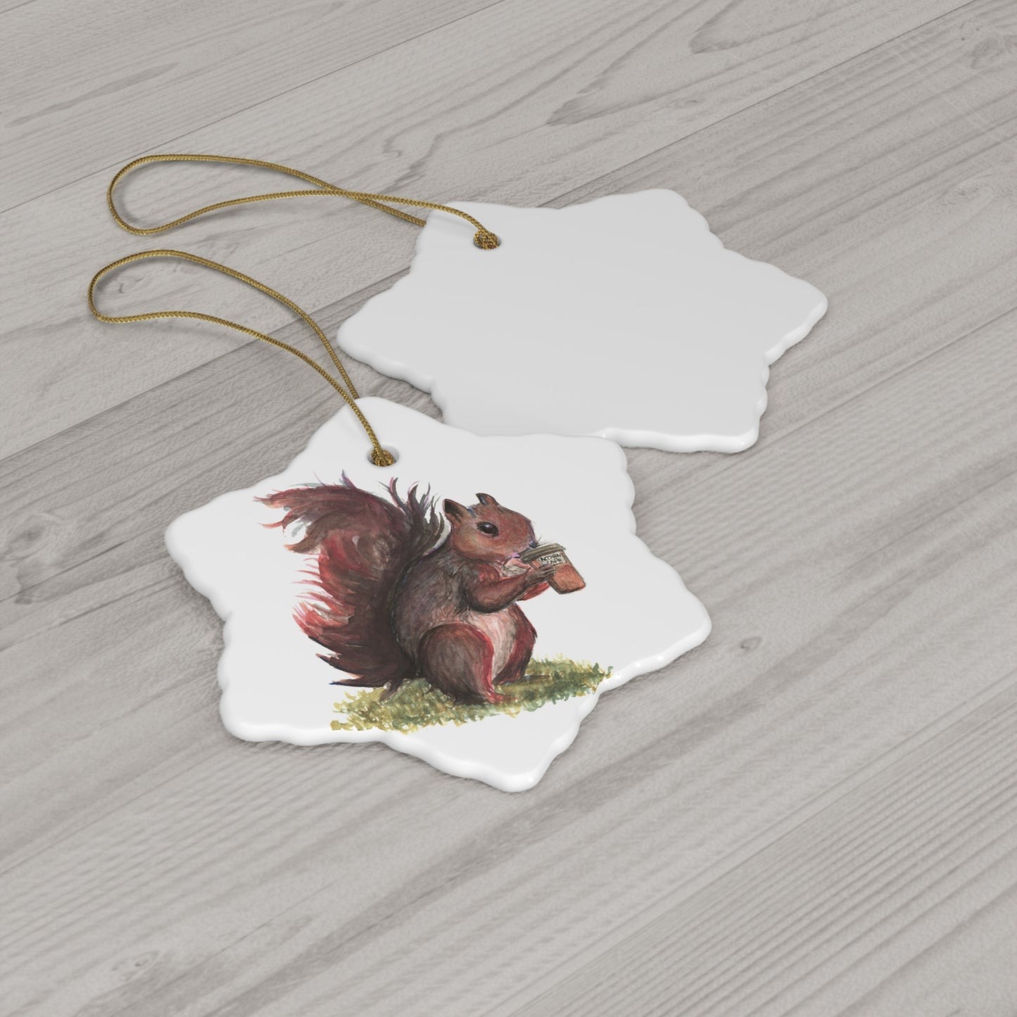 Ceramic Ornament, Whimsical Squirrel Drinking Coffee