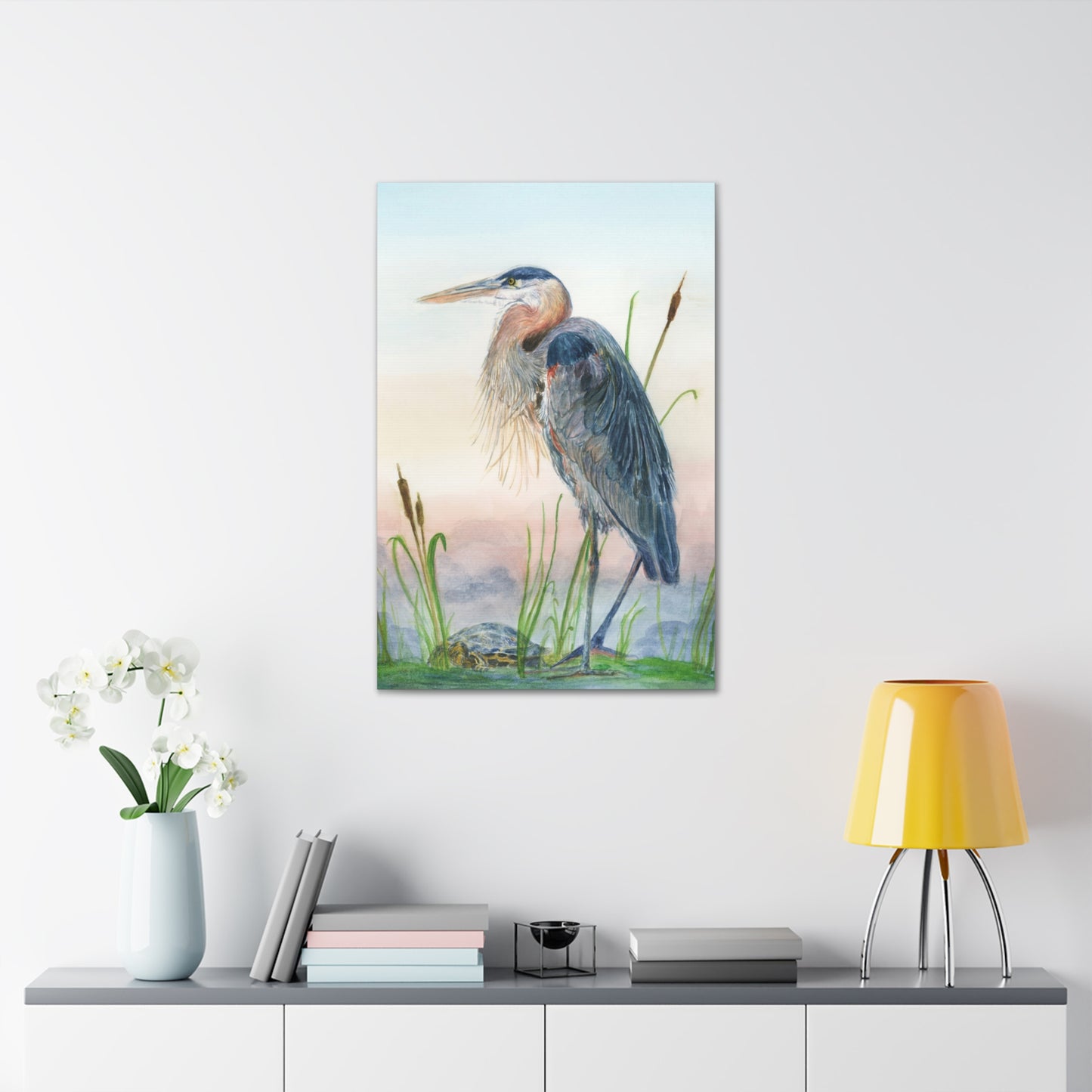 Great Blue Heron with Turtle Stretched Watercolor Art Canvas Gallery Wraps