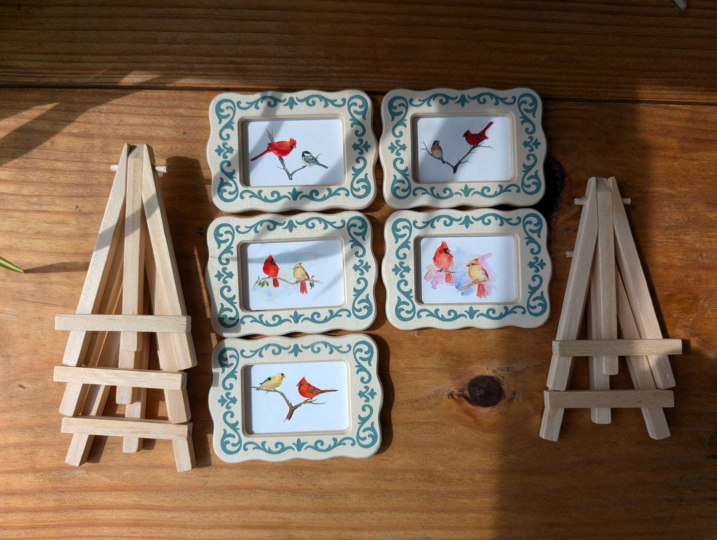Set of 5 Mini Cardinal & Songbird Art Frames with Easels – Miniframed – Ready to Display