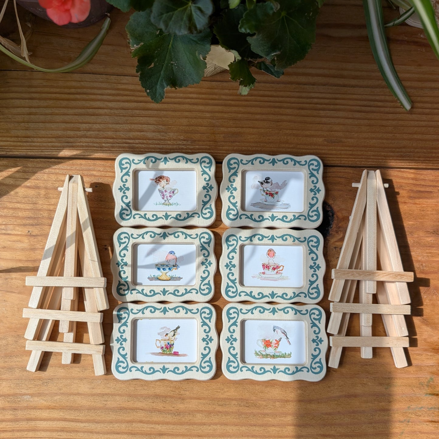 Set of 6 Mini Teacup Bird Art Frames with Easels – Miniframed – Ready to Display