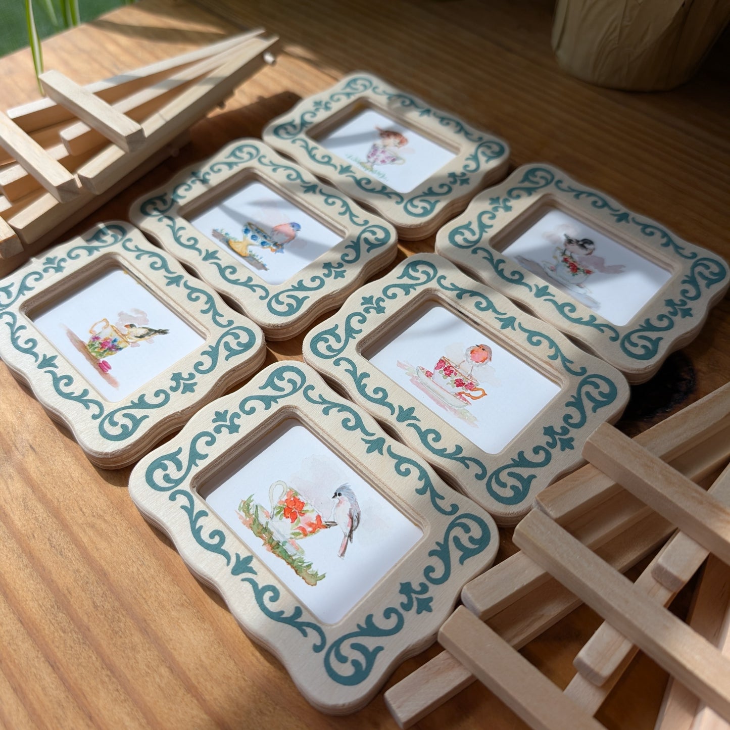 Set of 6 Mini Teacup Bird Art Frames with Easels – Miniframed – Ready to Display