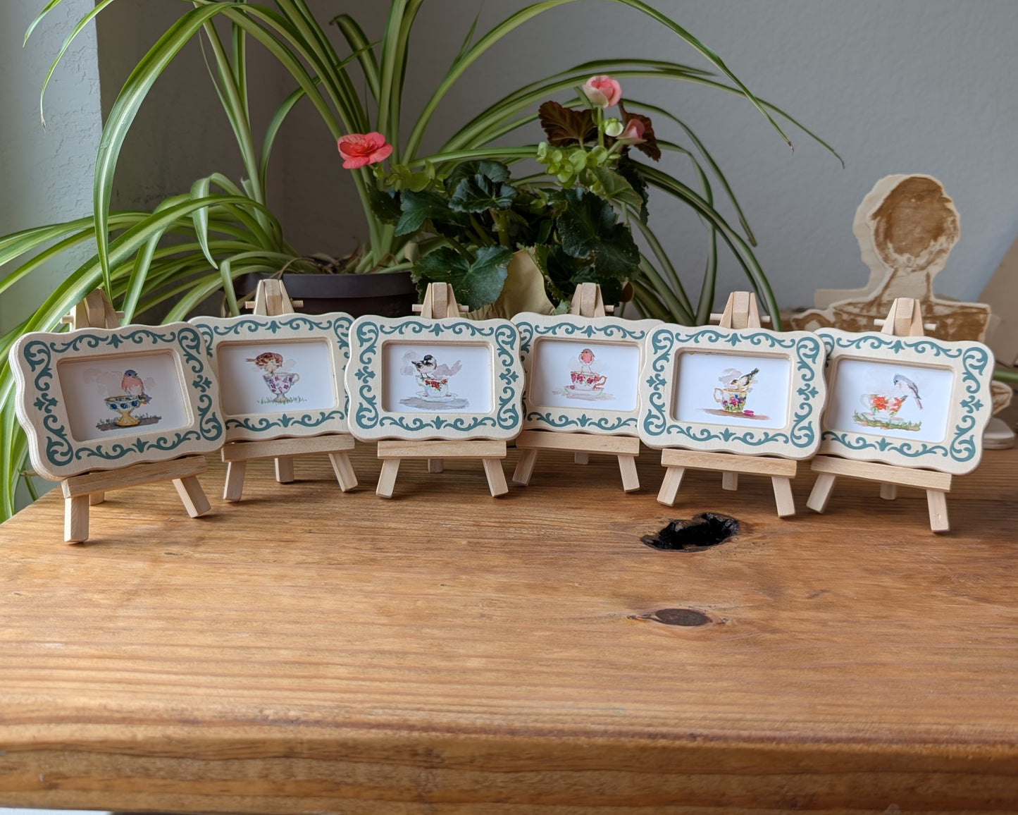 Set of 6 Mini Teacup Bird Art Frames with Easels – Miniframed – Ready to Display
