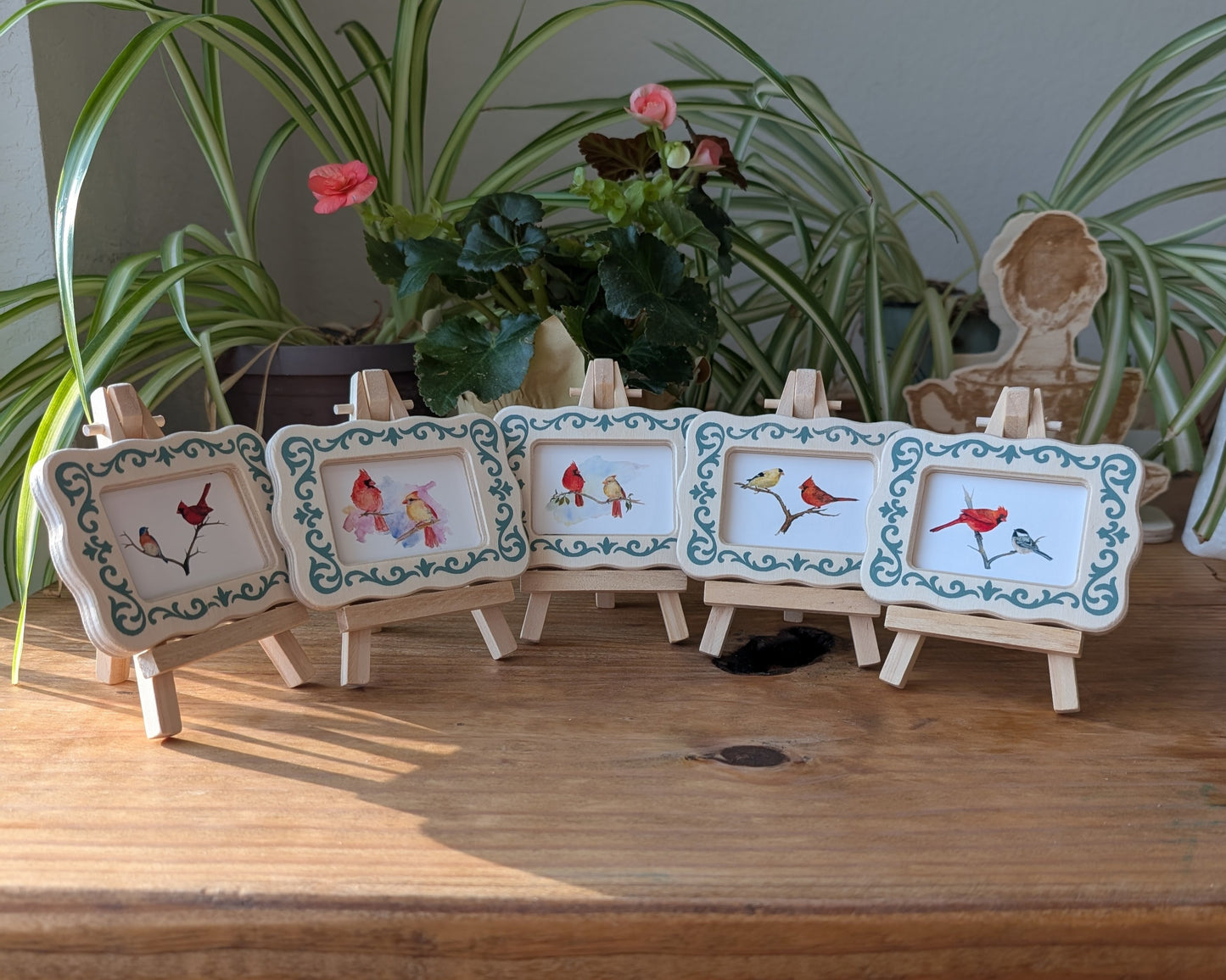 Set of 5 Mini Cardinal & Songbird Art Frames with Easels – Miniframed – Ready to Display