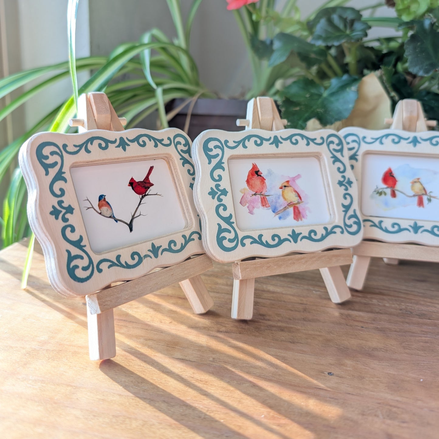 Set of 5 Mini Cardinal & Songbird Art Frames with Easels – Miniframed – Ready to Display