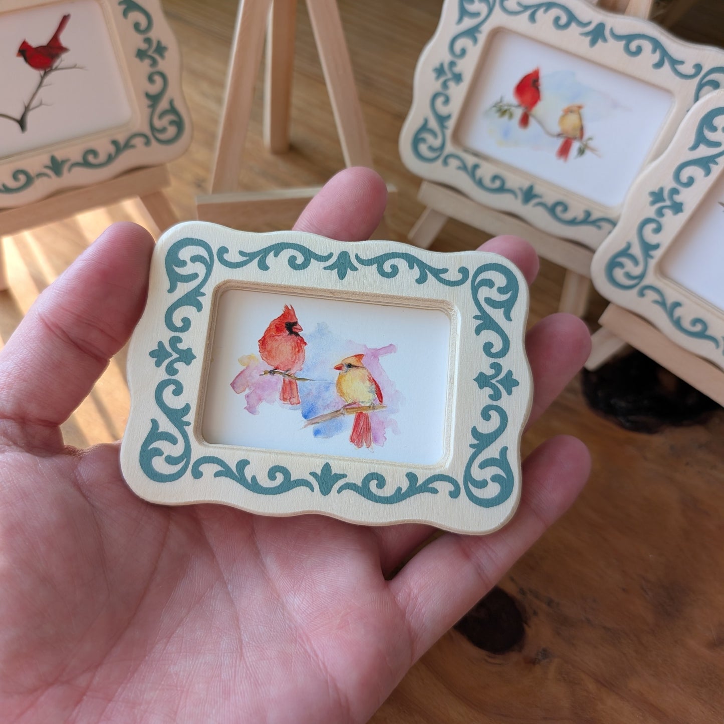 Set of 5 Mini Cardinal & Songbird Art Frames with Easels – Miniframed – Ready to Display