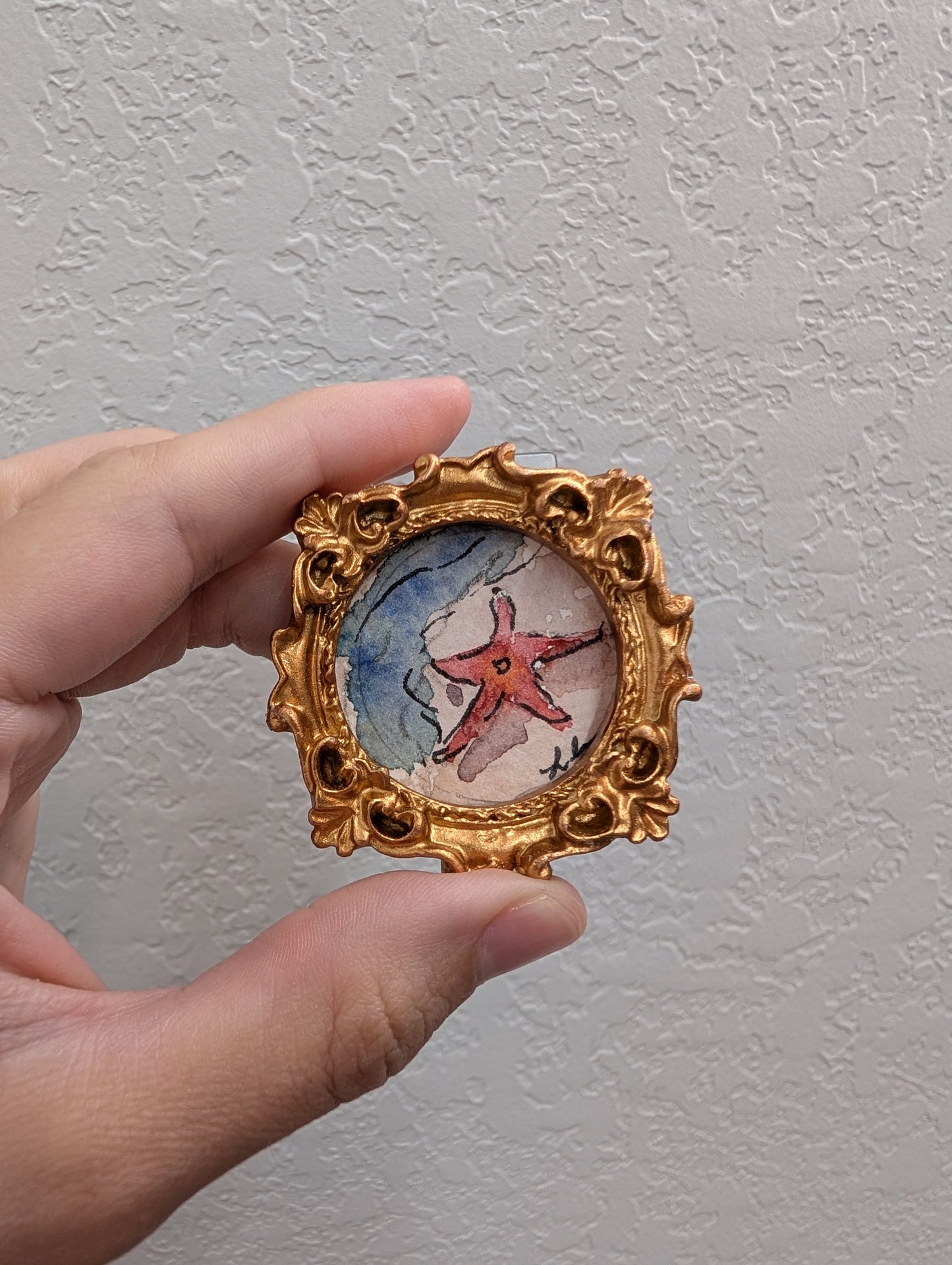 a hand holding a miniature picture of a starfish