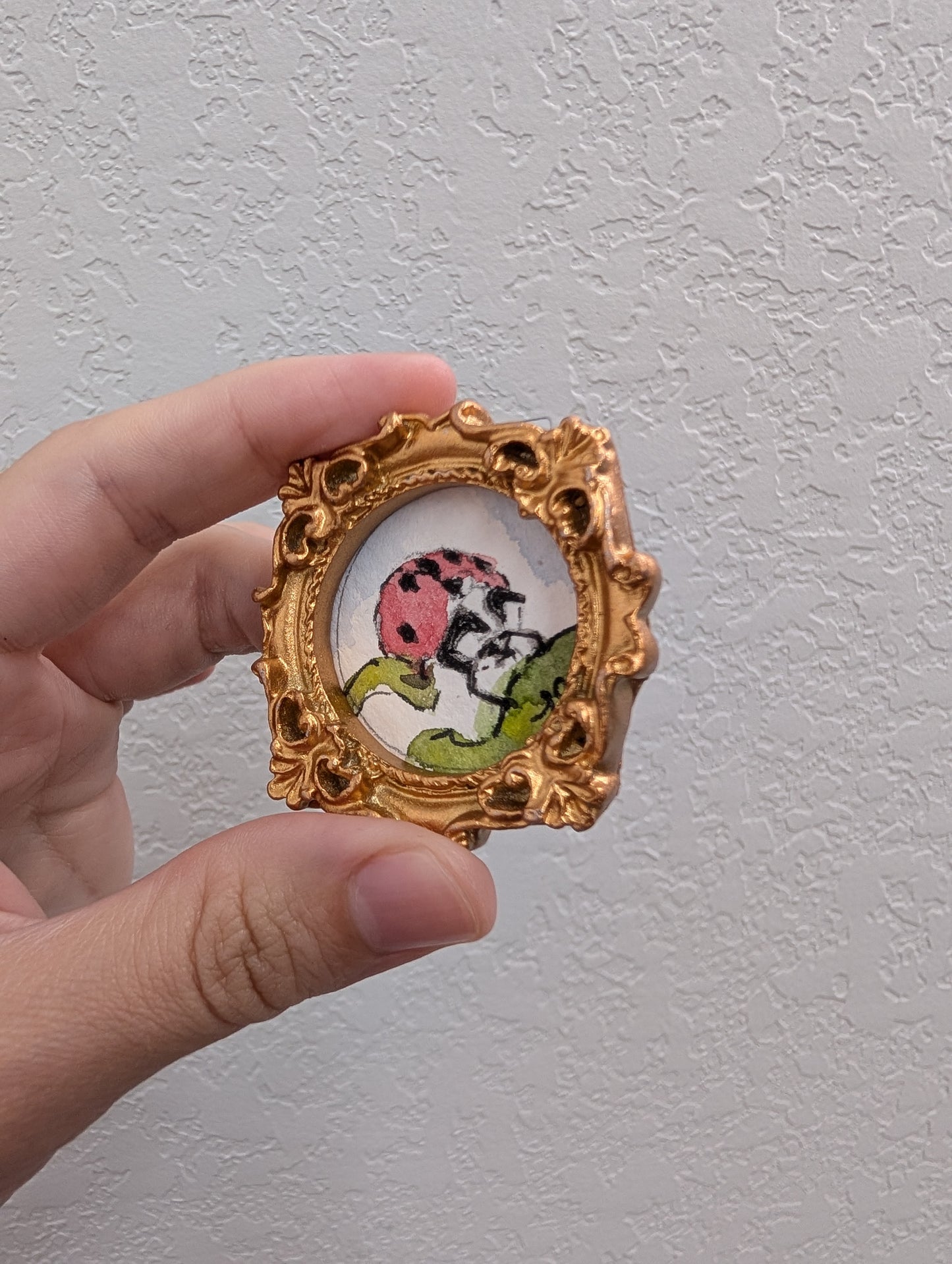 a hand holding a picture frame with a picture of a ladybug on it