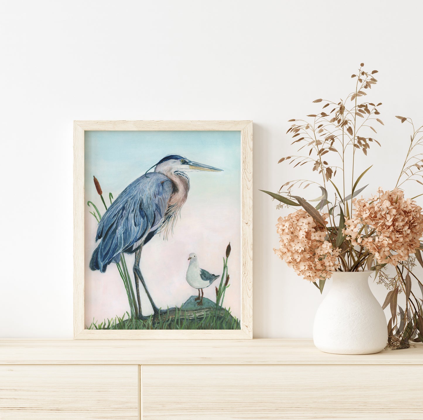 Great Blue Heron with Seagull- Lora Cavallin Art