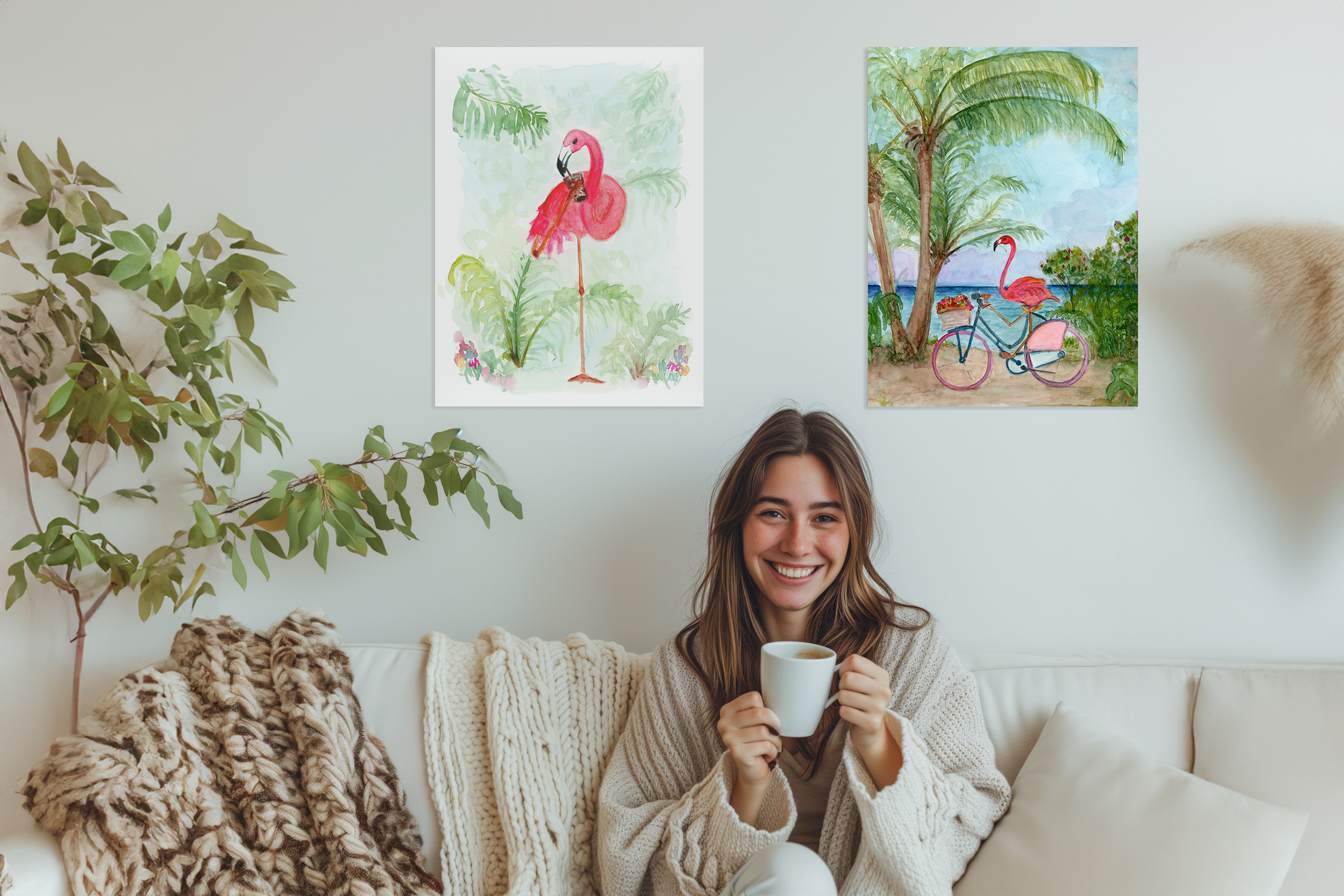 woman sitting drinking coffee flamingo prints