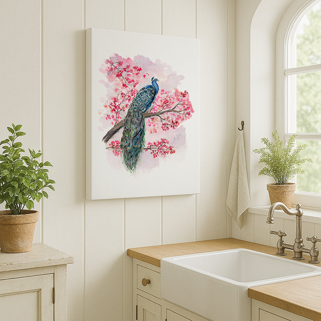 Peacock facing Right - Stretched Canvas by Lora Cavallin