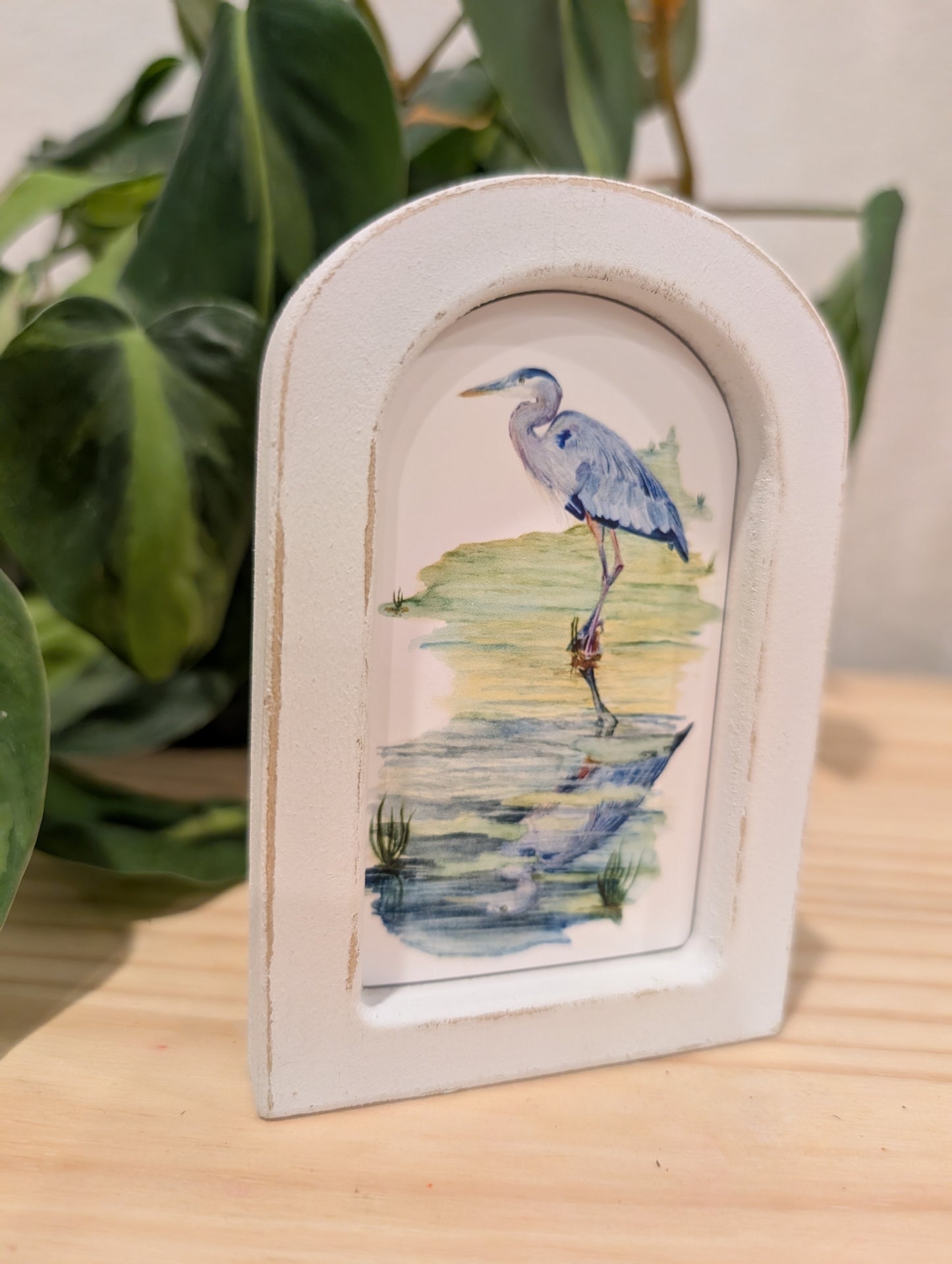 Mini Blue Heron in Creek Art Print - Wood Arch Frame - Lora Cavallin Art