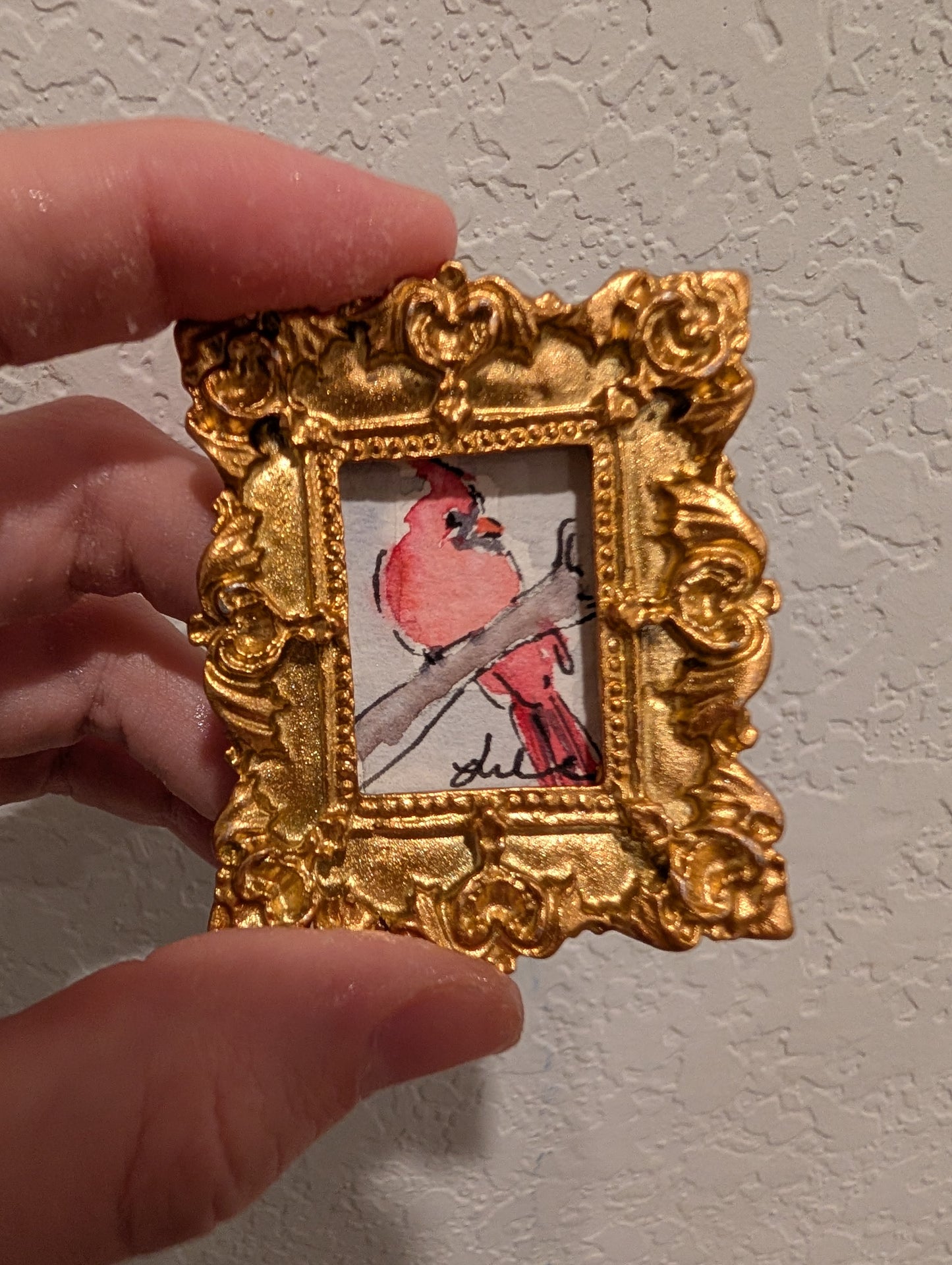 Mini Cardinal Bird Painting - Original Watercolor Art by Lora Cavallin