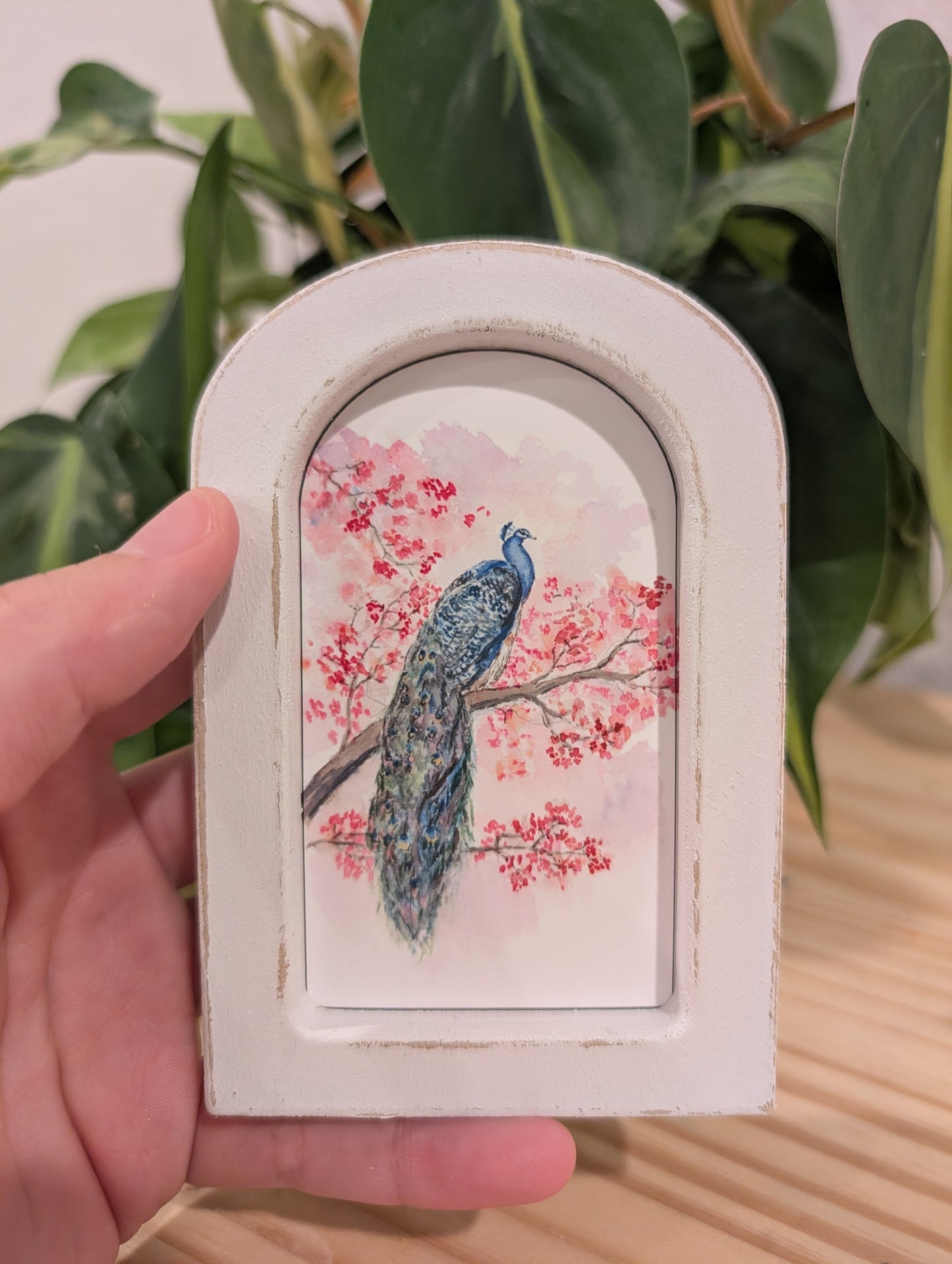 Mini Peacock Art Print - Wood Arch Frame - Lora Cavallin Art