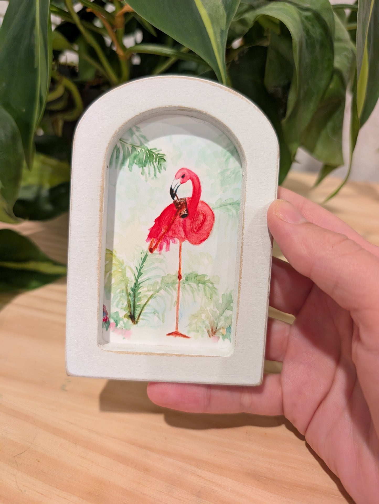 Mini Flamingo Drinking an Iced Drink Art Print - Wood Arch Frame - Lora Cavallin Art