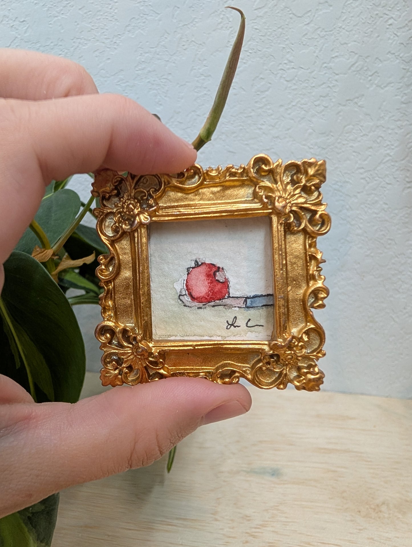 Mini Snow White Apple Painting - Original Watercolor Art by Lora Cavallin