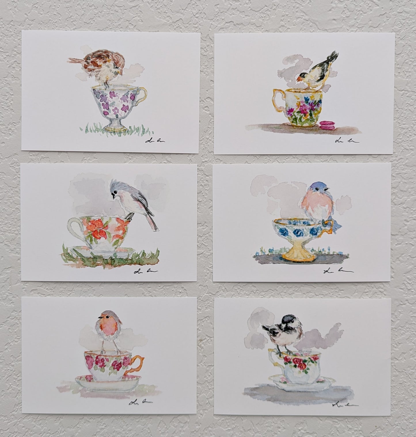 Six Bird and Teacup Art Prints - Signed