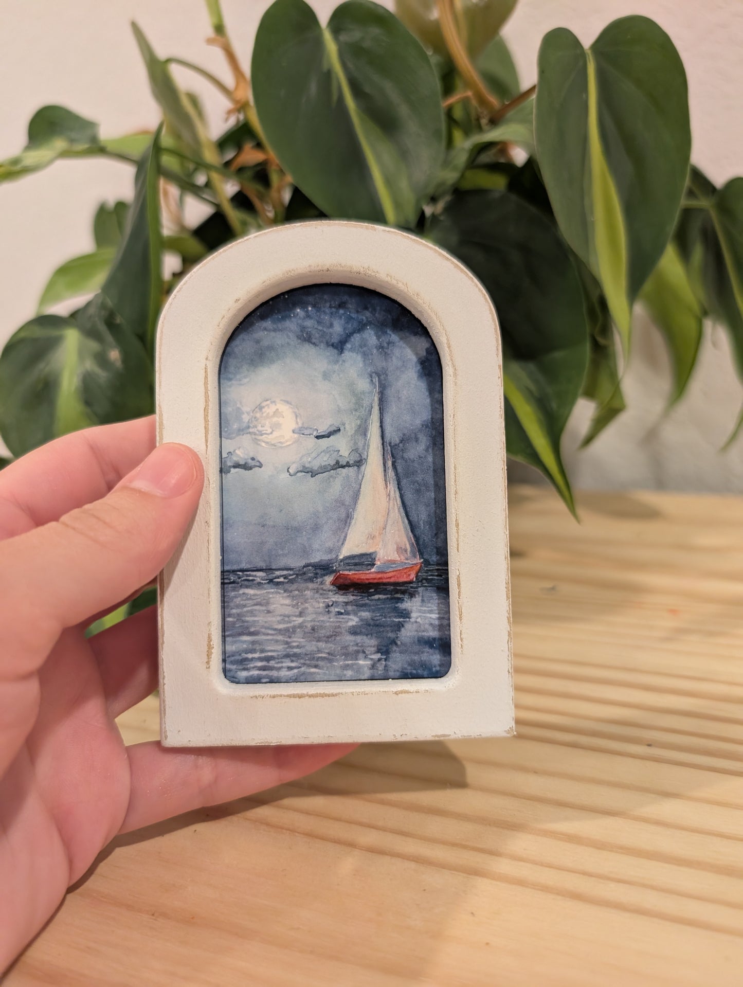 Mini Sailboat at Night Art Print - Wood Arch Frame - Lora Cavallin Art