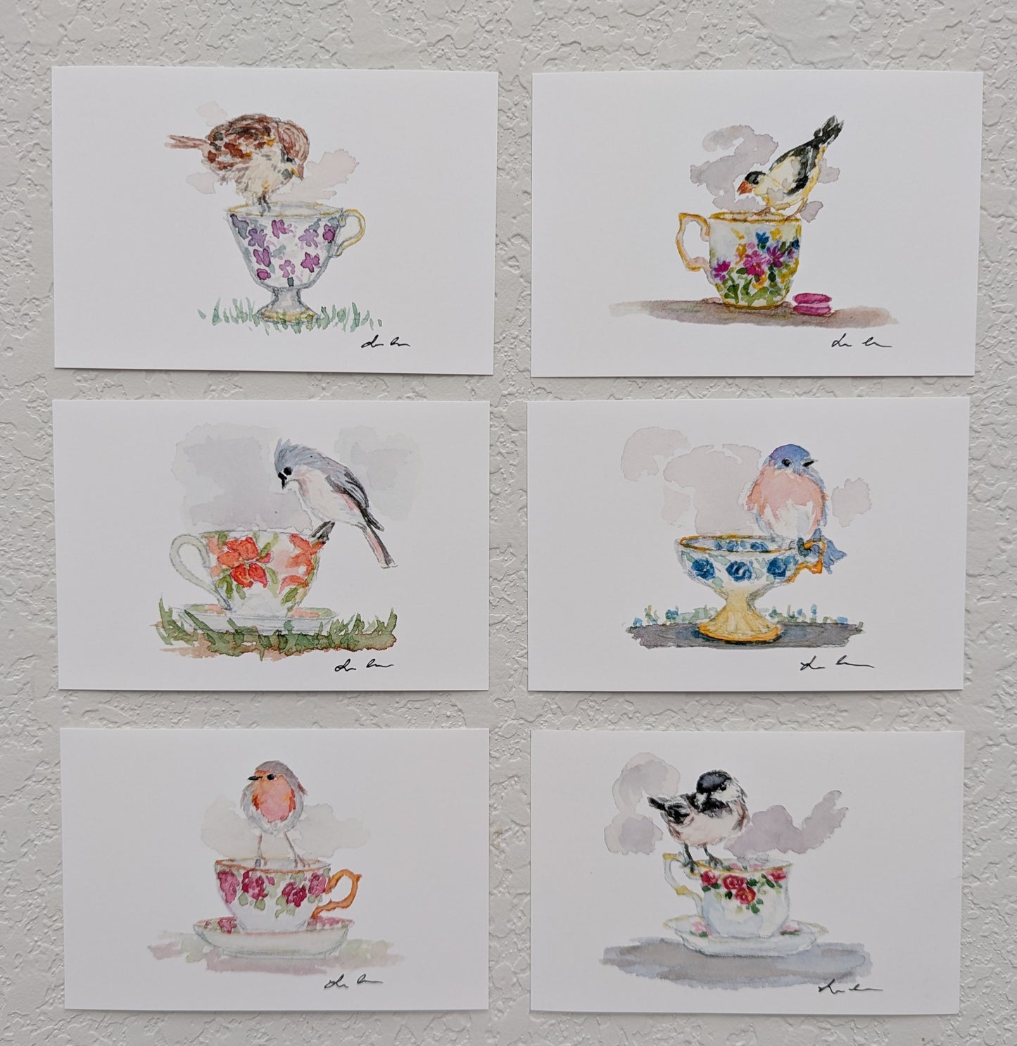 Six Bird and Teacup Art Prints - Signed