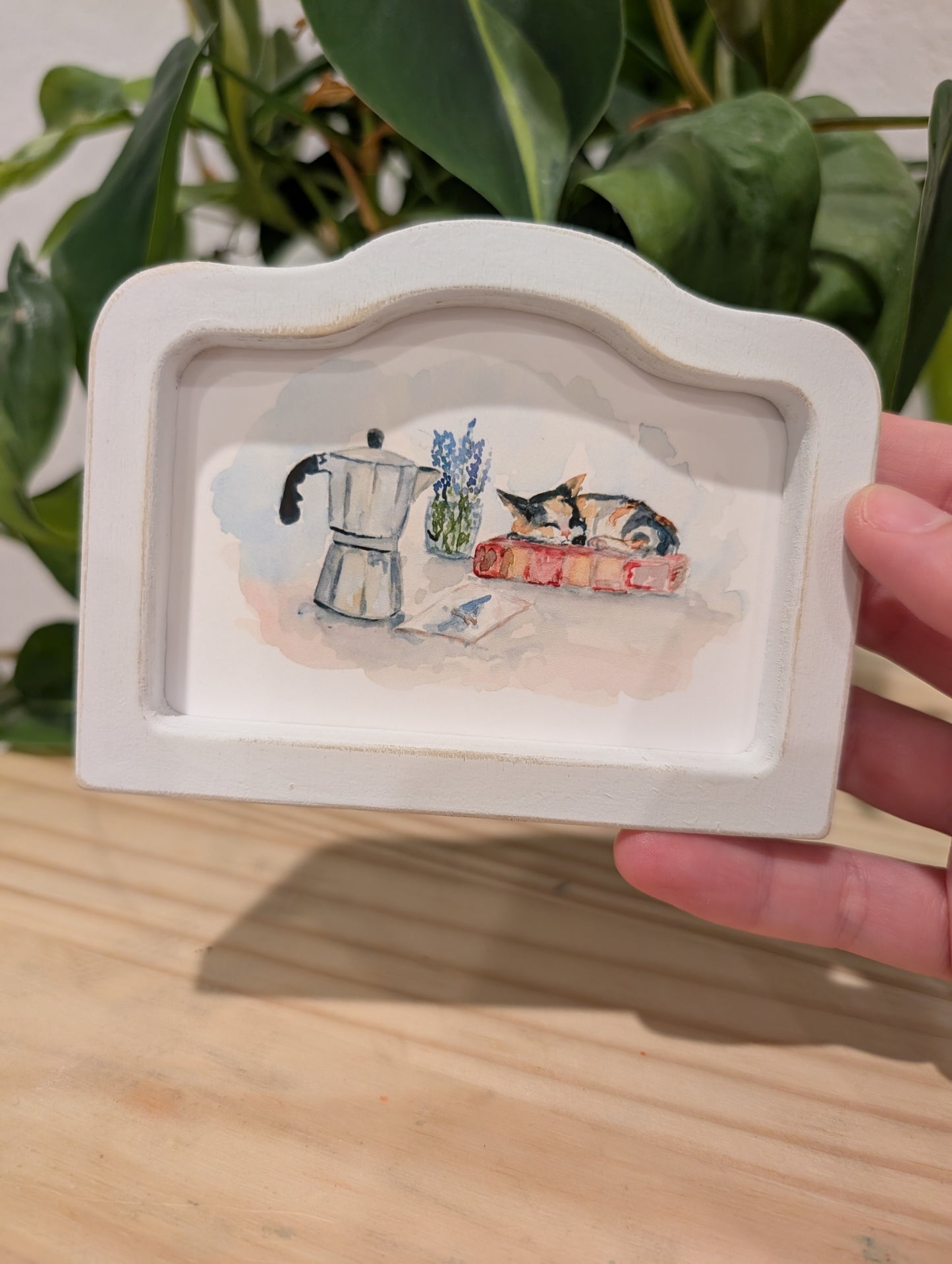 Mini Cat and Coffee Art Print - Wood Arch Frame - Lora Cavallin Art