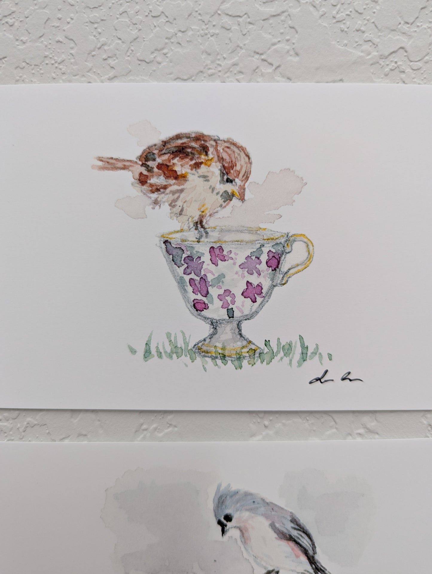 Six Bird and Teacup Art Prints - Signed