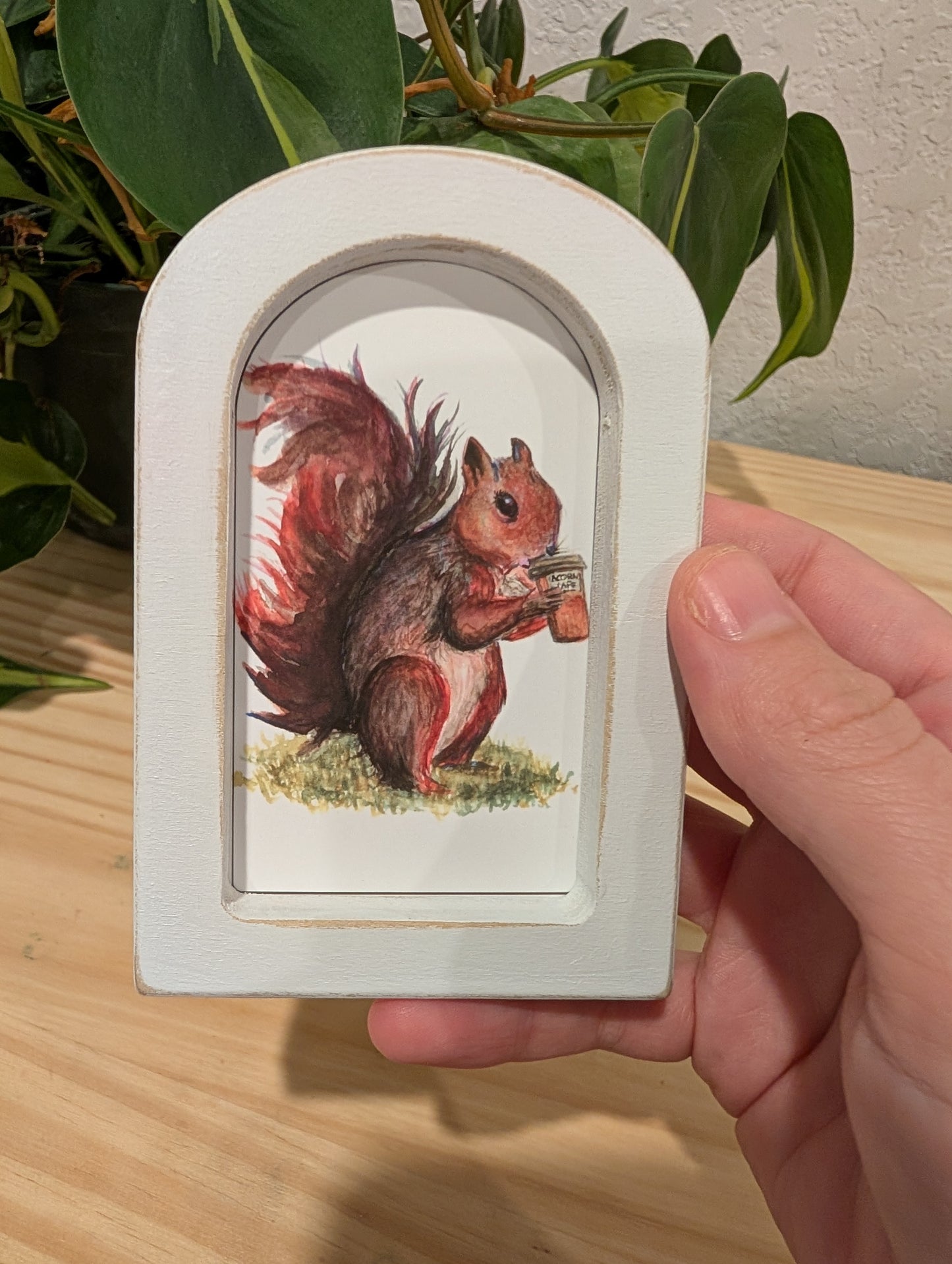 Mini Squirrel Drinking Coffee Art Print - Wood Arch Frame - Lora Cavallin Art