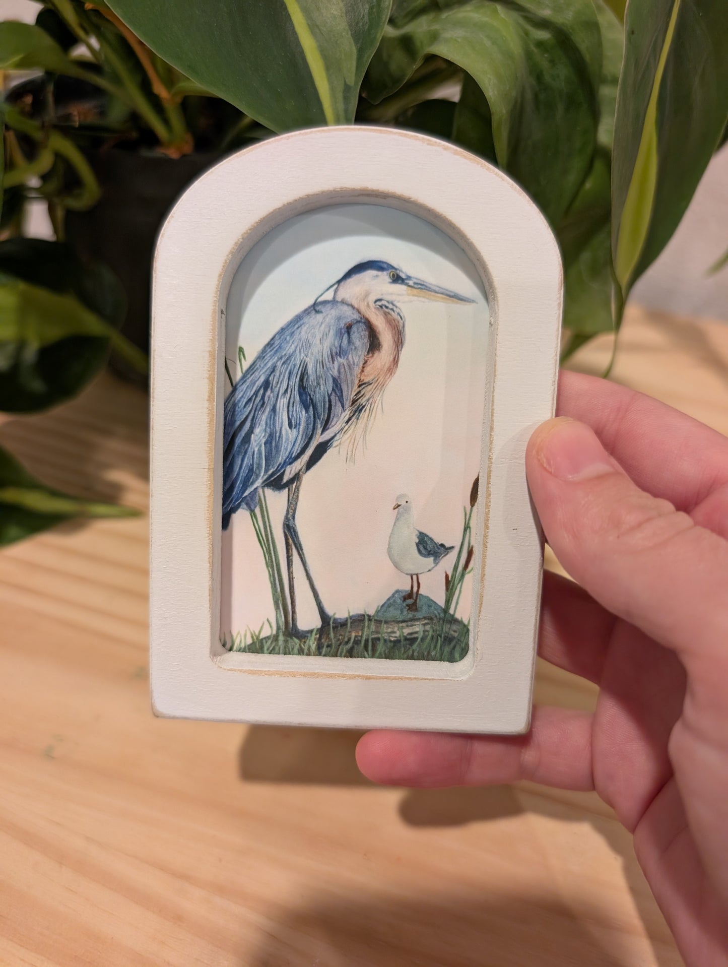 Mini Blue Heron with Seagull Art Print - Wood Arch Frame - Lora Cavallin Art