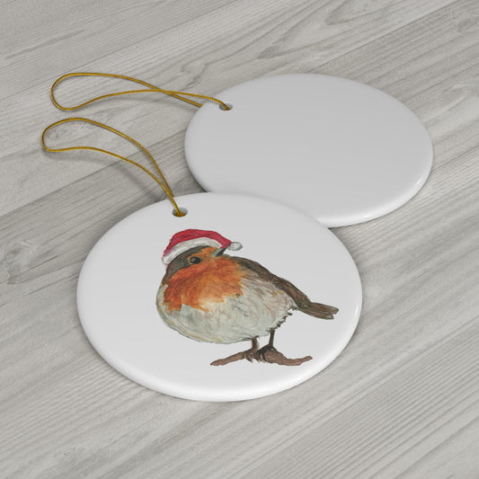 Ceramic Ornament, Red Robin with Santa Hat