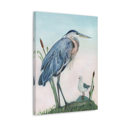 Great Blue Heron with Sea Gull Stretched Watercolor Art Canvas Gallery Wraps