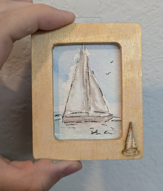 Mini Sailboat Painting - Original Watercolor Art by Lora Cavallin