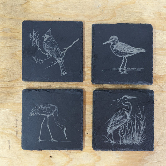 Slate Coaster with Red Cardinal, Great Blue Heron, Spotted Sandpiper and Sandhill Crane