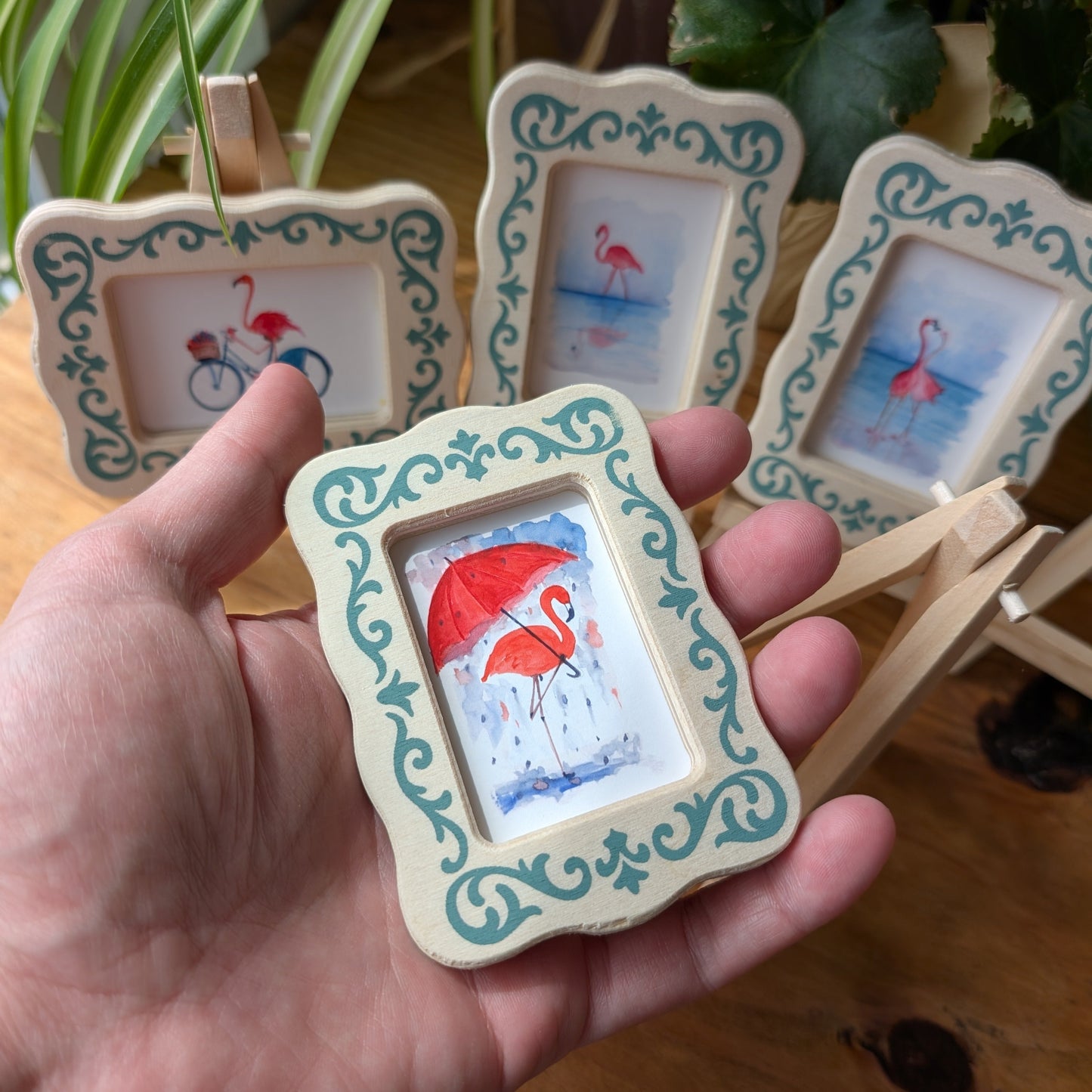 Set of 5 Mini Flamingo Art Frames with Easels – Miniframed – Ready to Display
