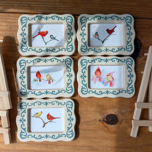 Set of 5 Mini Cardinal & Songbird Art Frames with Easels – Miniframed – Ready to Display