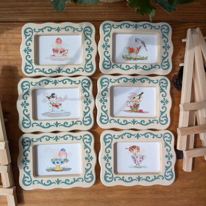 Set of 6 Mini Teacup Bird Art Frames with Easels – Miniframed – Ready to Display
