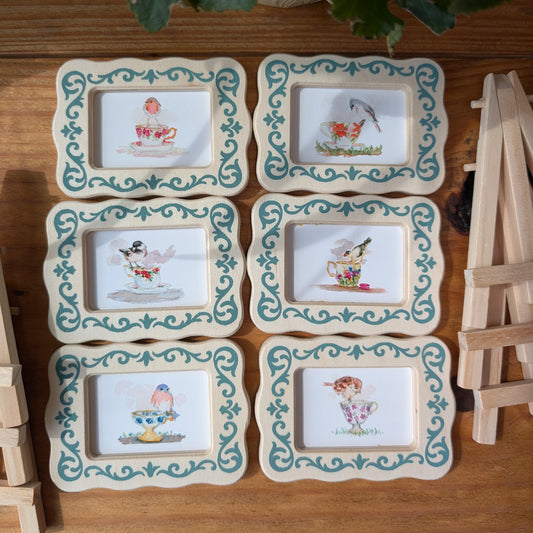 Set of 6 Mini Teacup Bird Art Frames with Easels – Miniframed – Ready to Display
